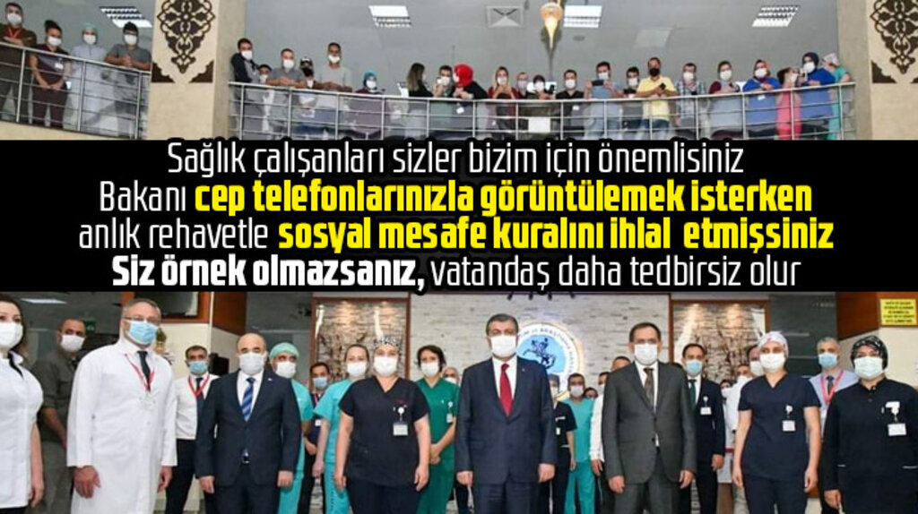 Samsun'da sağlık çalışanları Fahrettin Koca'yı görüntülemek için sosyal mesafeyi ihlal etti
