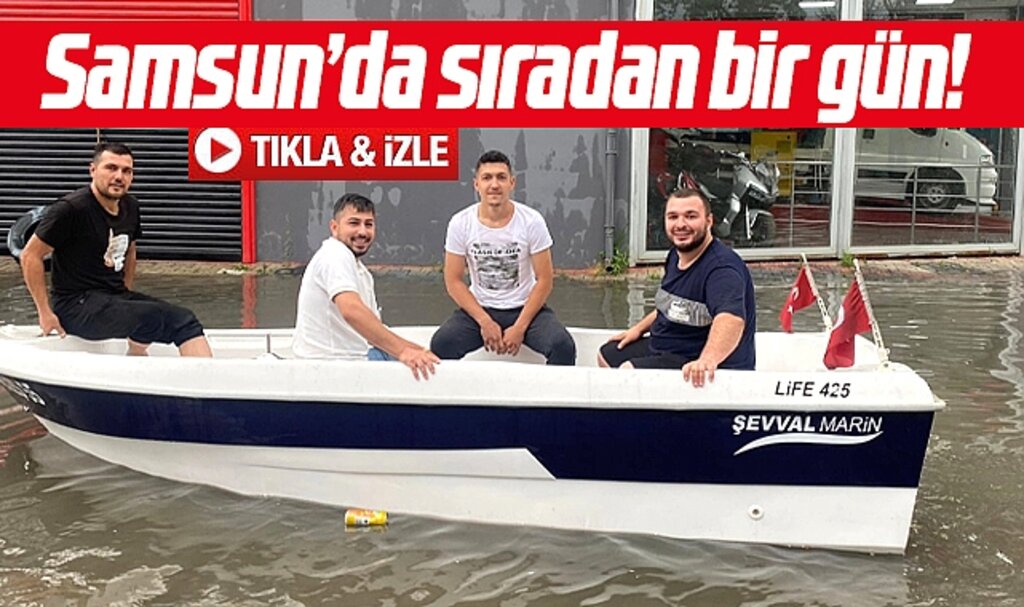 Samsun Terme'de sağanak yağmur yağdı vatandaş iş yerine kayıkla gitti