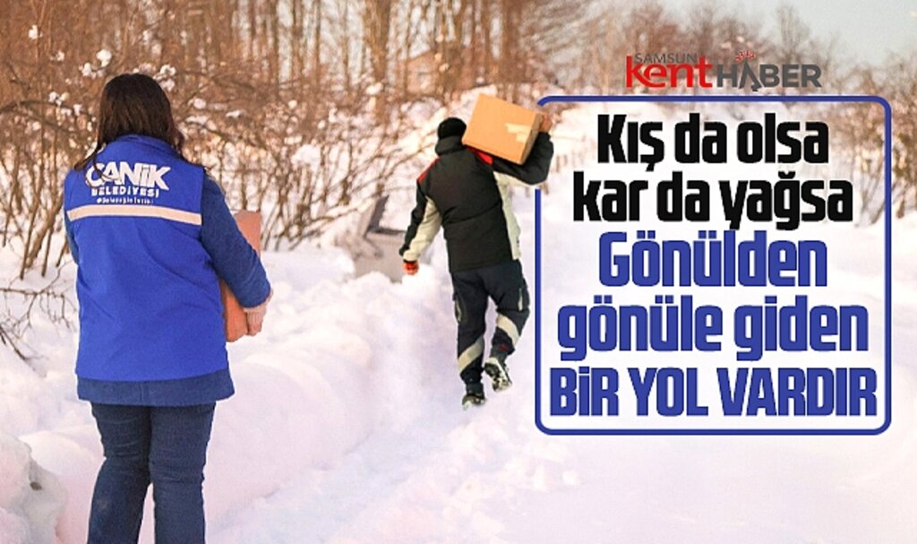 Samsun'da Canik Belediyesi karla kaplı yolları aşarak ihtiyaç sahiplerine ulaşıyor