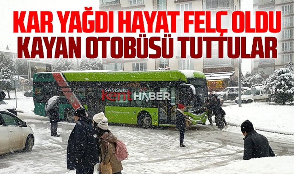 Samsun'a kar yağdı! Toplu taşıma araçları yokuş yollarda kaydı
