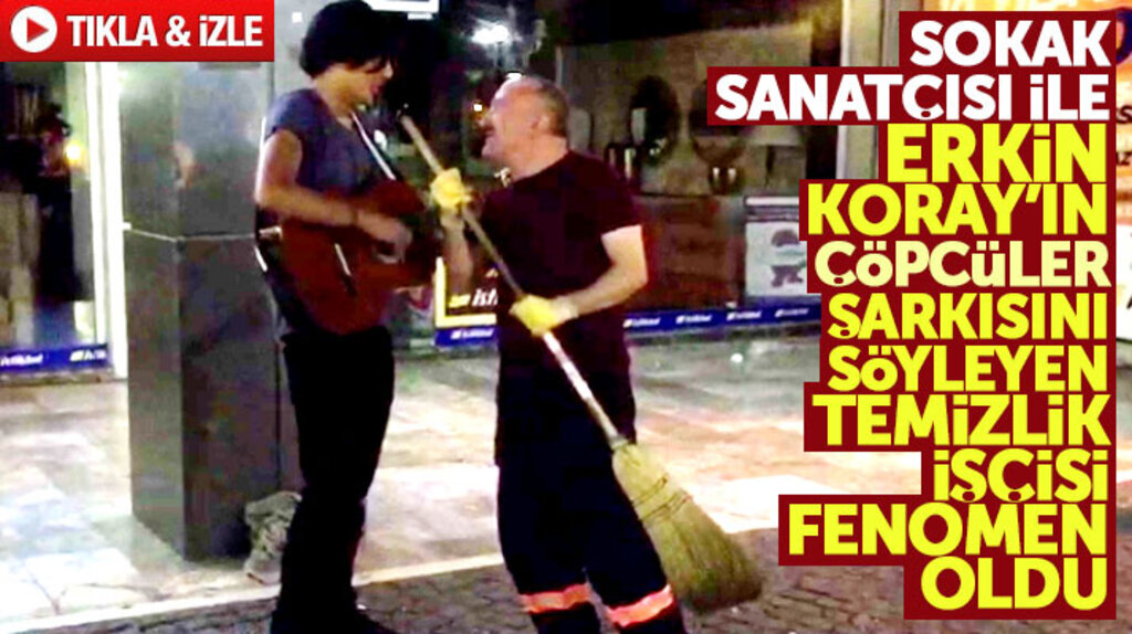 Samsun'da sokak sanatçısı ile birlikte Erkin Koray'ın Çöpçüler şarkısını söyleyen temizlik işçisi