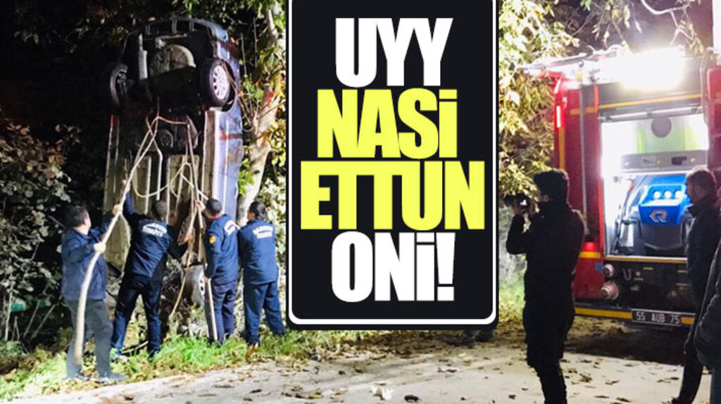 Samsun Bafra'da ağaçlara çarpan araç dik şekilde asılı kaldı