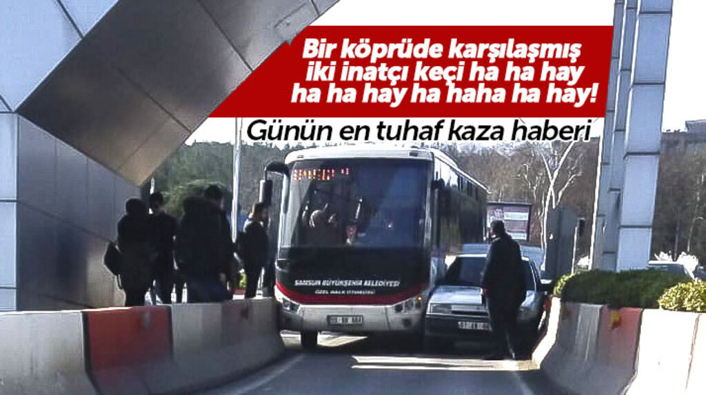 Samsun'da üniversite yoluna aynı anda giren halk otobüsü ve otomobil yolda sıkışıp kaldı